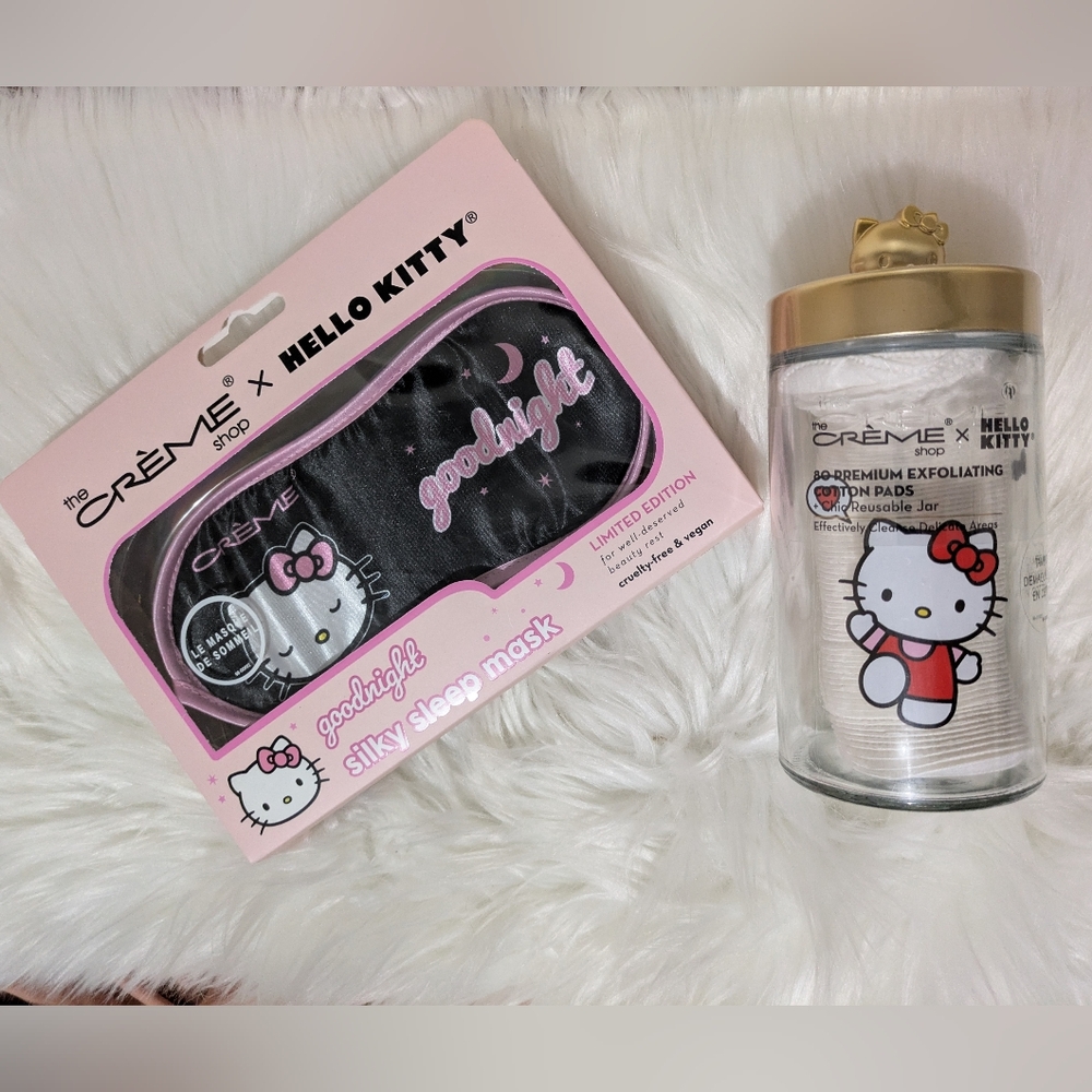 The Creme Shop x Hello Kitty Glass Jar Of Premium Cotton Pads & Sleep Mask New!